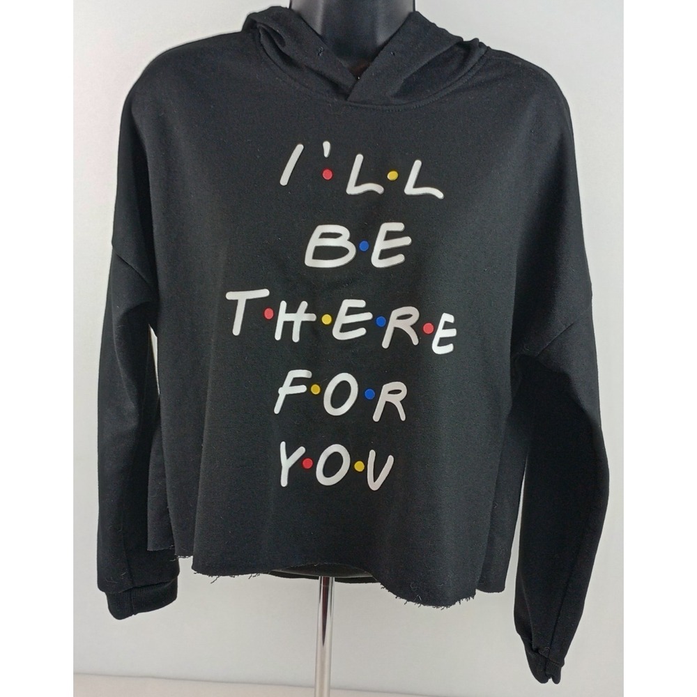Friends TV Show Women's L Black Cutoff Crop Hooded Long Sleeve T-Shirt